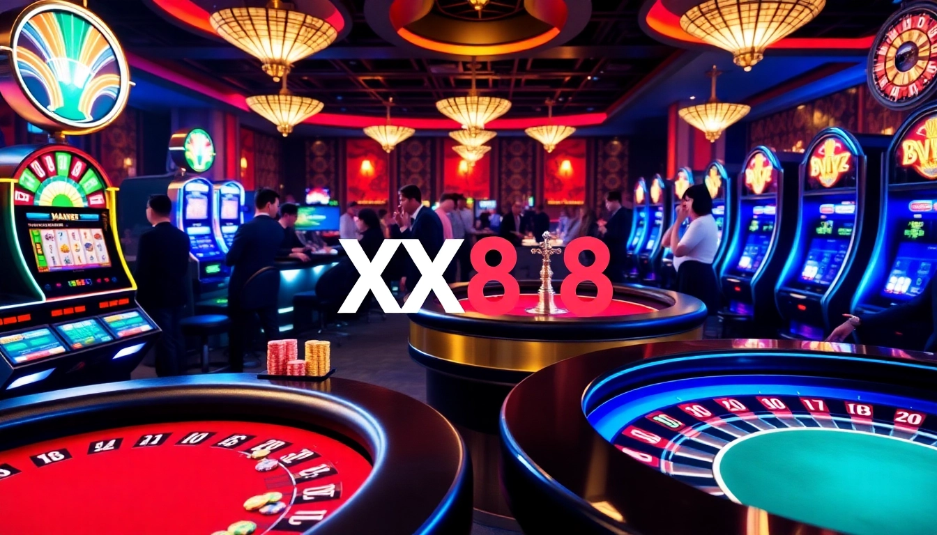 Players enjoy an exciting gambling experience at XX88 casino with vibrant tables and slot machines.