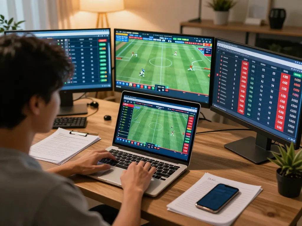 Engaging in strategic bets on Keo nha cai 5 with football odds displayed on multiple screens.