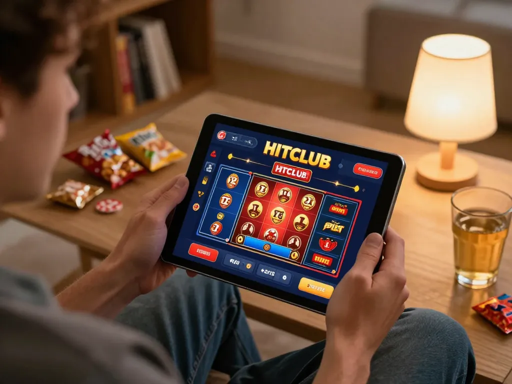 Engaged player gaming on the HITCLUB web platform, showcasing various online casino games in a cozy home setting.