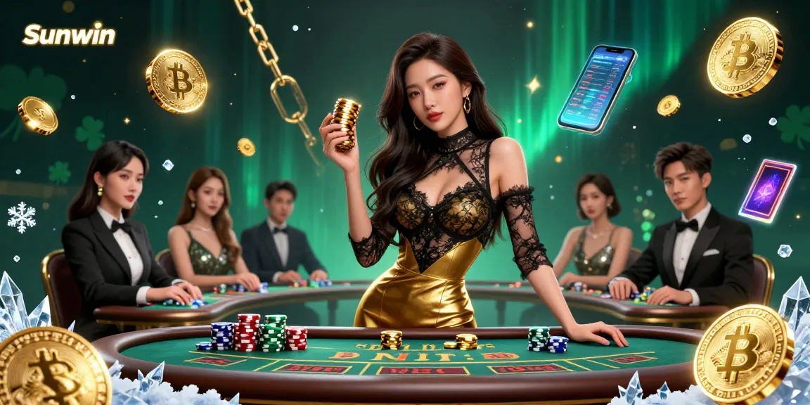 Play exciting casino games at Sunwin with high-value chips and glowing cryptocurrency elements.