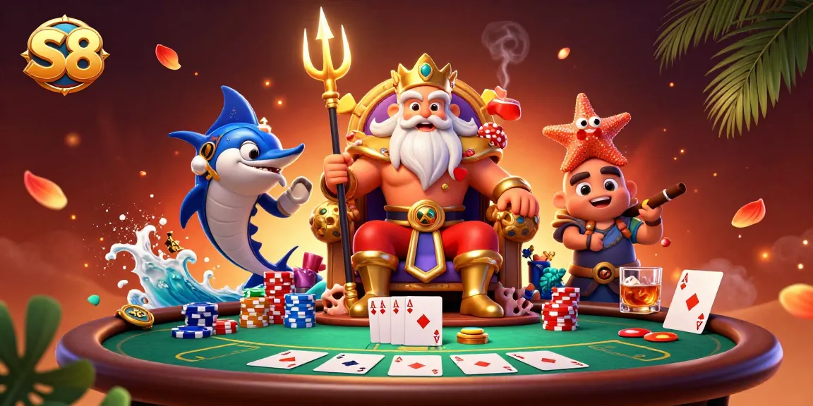 Catch the action at S8 casino with Neptune and poker elements in this vibrant illustration.