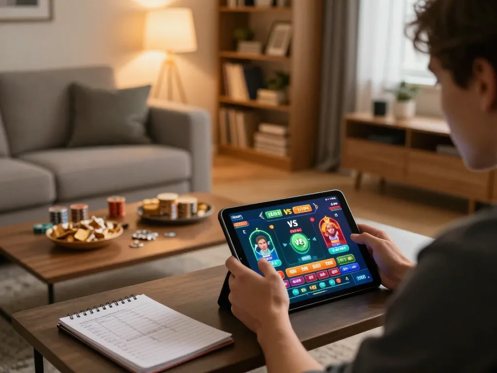 Person enjoying online gambling on vsbet tablet in a cozy home setting