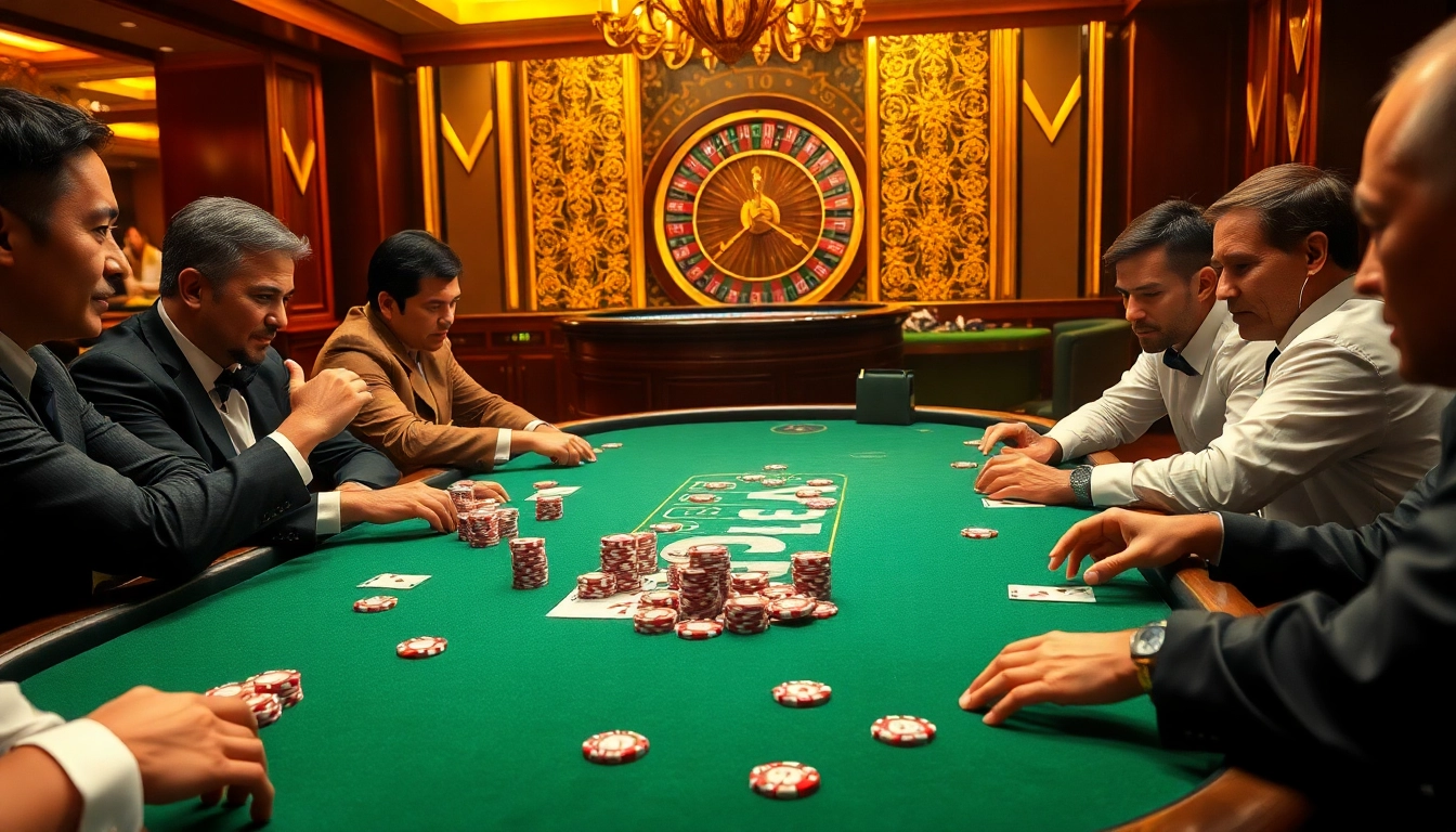 Players enjoying high-stakes poker at a luxurious casino setting, showcasing nohu90 elements, with vibrant colors and excitement.