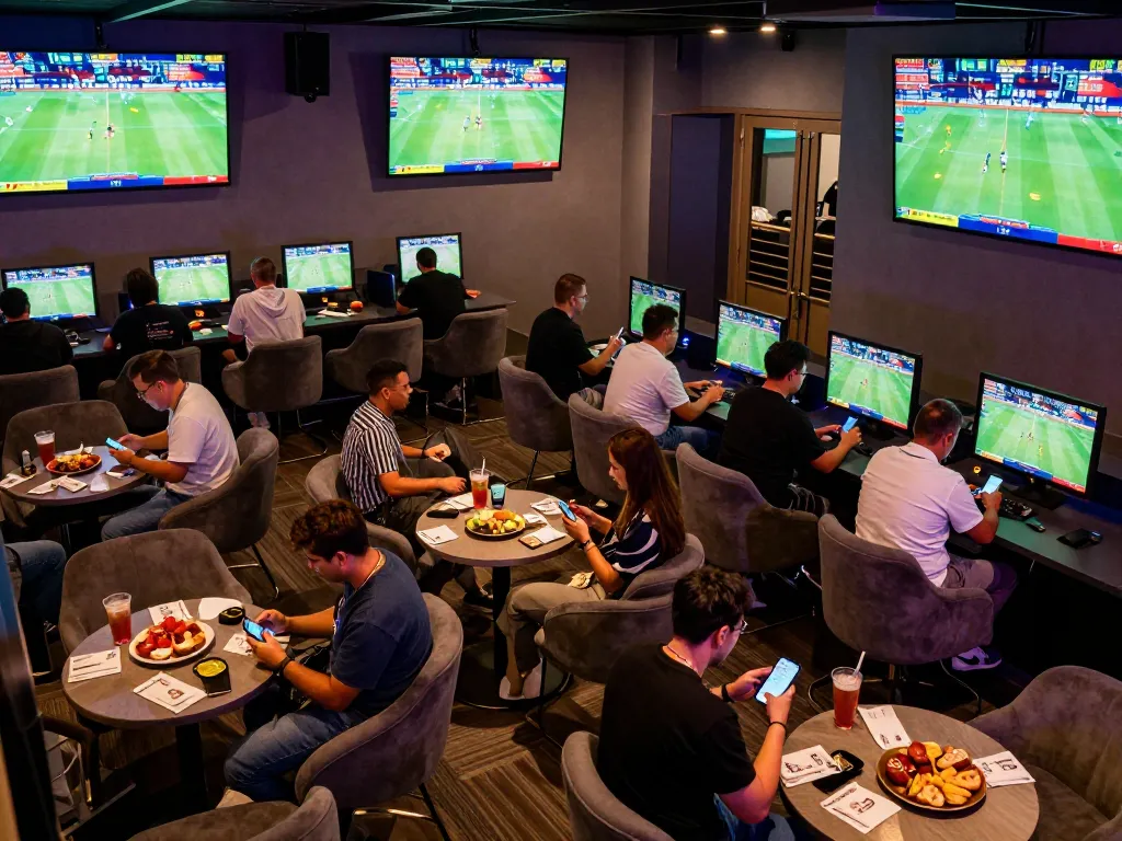 Live sports betting atmosphere at LV88 with excited bettors analyzing odds and placing wagers
