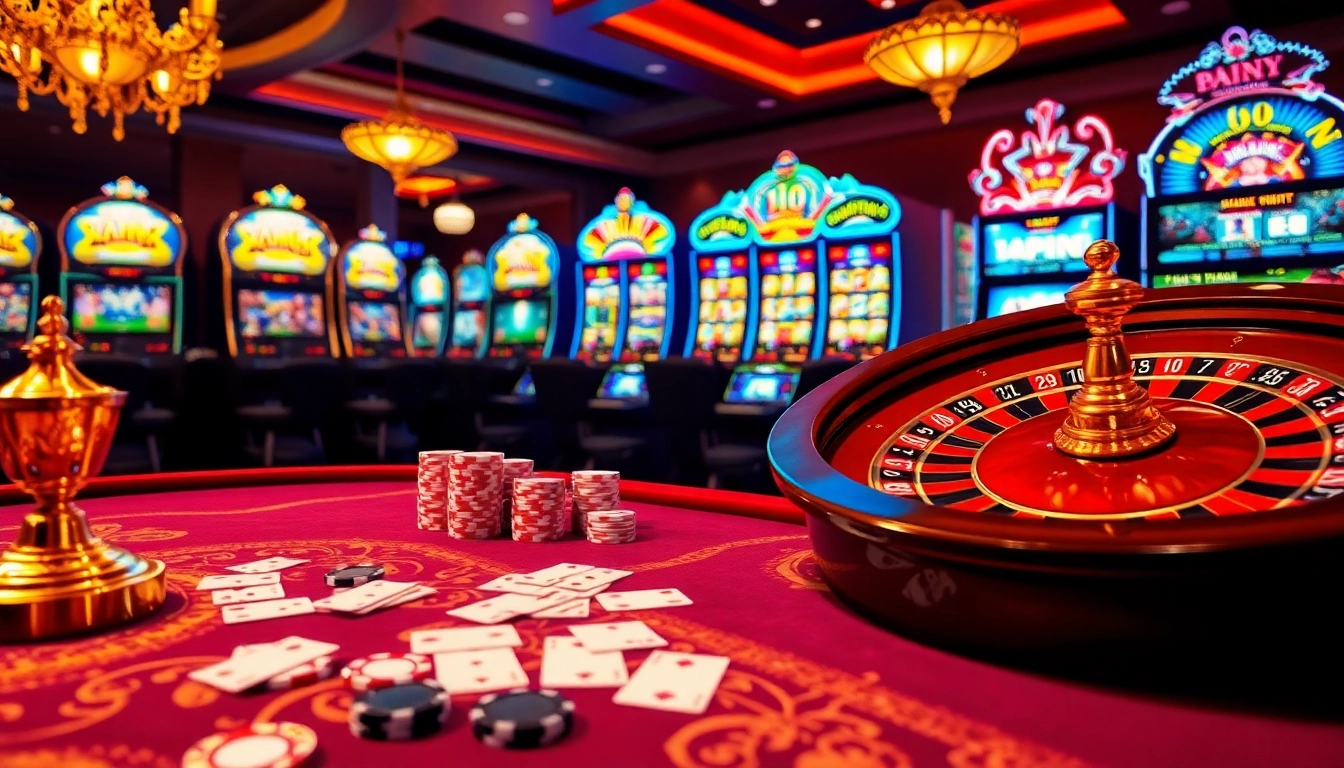 Experience the thrill of online gambling with 23win's vibrant casino scene filled with poker chips and slot machines.