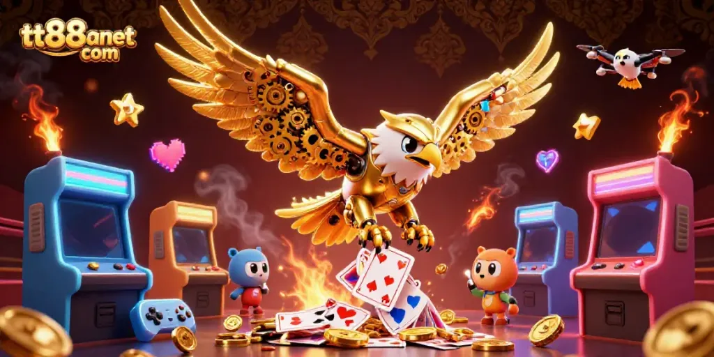 Engage in exciting gameplay at tt88anet com featuring dazzling holographic cards and a golden eagle.