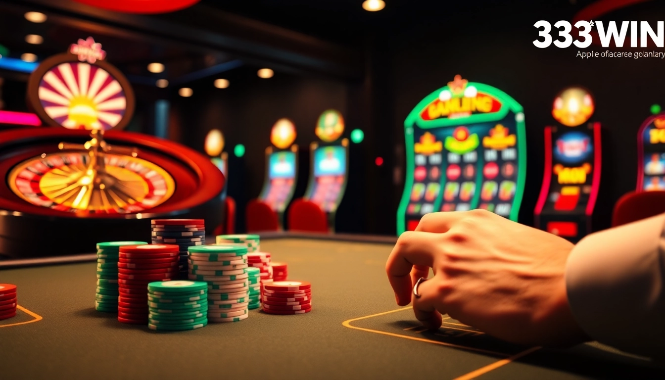 Experience 33WIN trang chủ with dynamic roulette and poker action, showcasing a luxurious online gambling atmosphere.