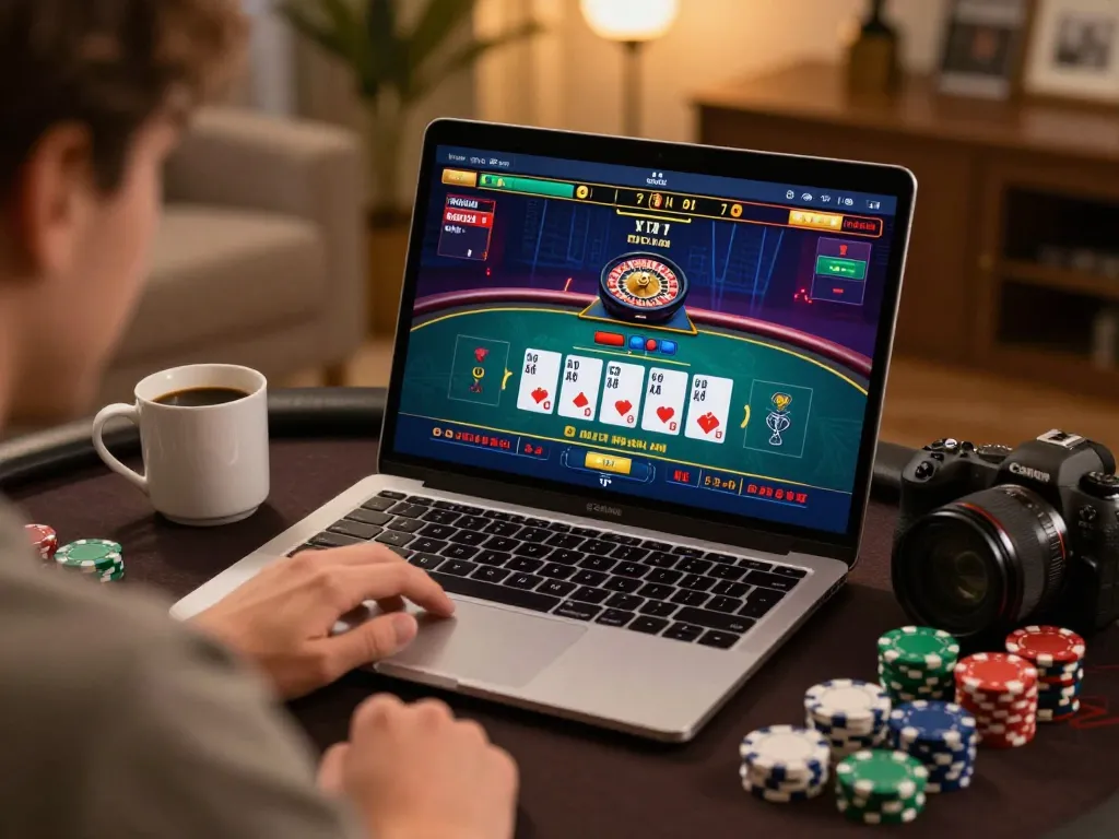 Player enjoying tablepremierr's live dealer games on a laptop, engaging with a vibrant roulette interface.