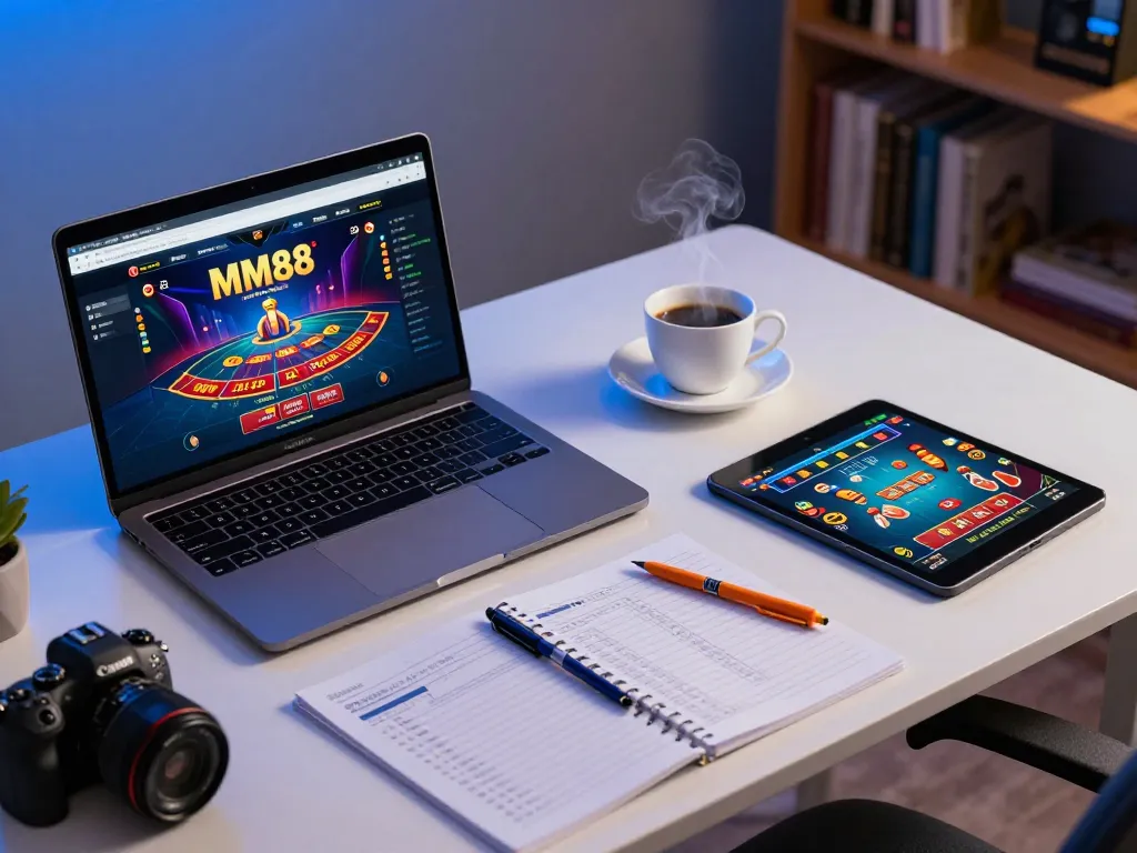 Engaging user interfaces on MM88 casino app showcased at a stylish home gaming desk.