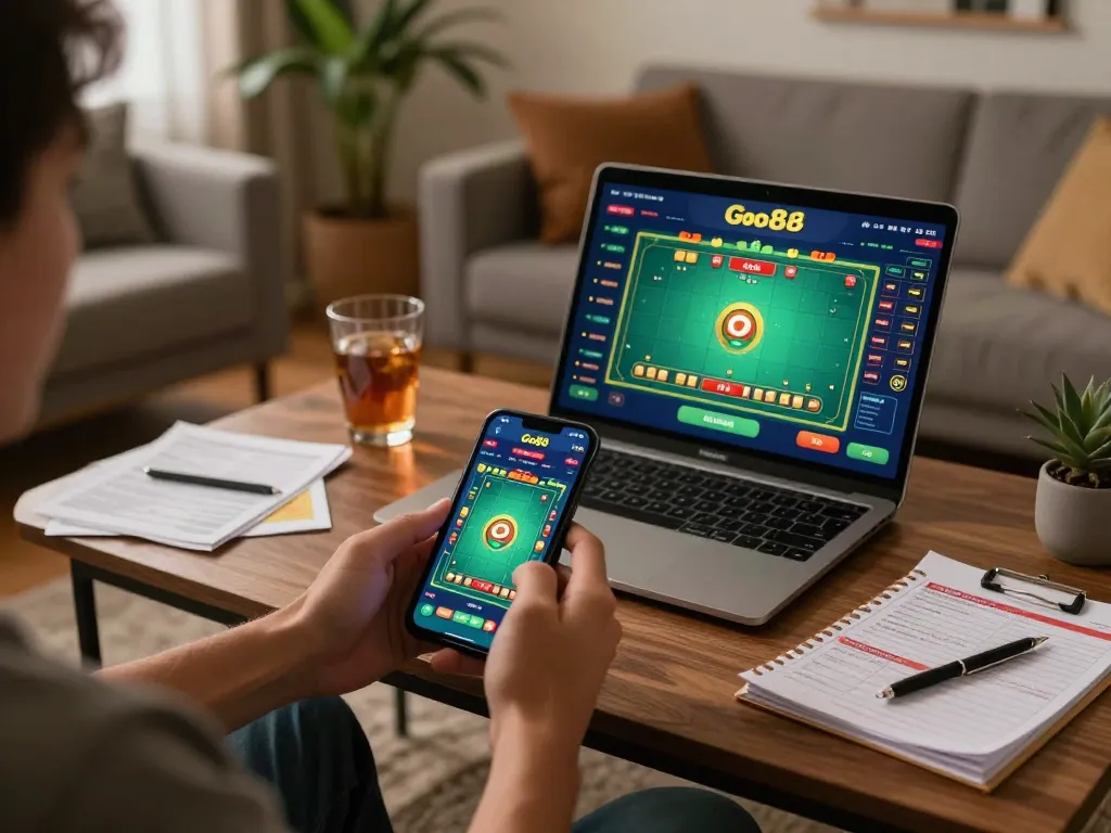 Engaging player using Go88 tài xỉu app on smartphone in a cozy home setting