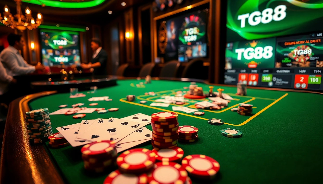 Experience thrilling poker action at the TG88 casino with vibrant chips and cards.