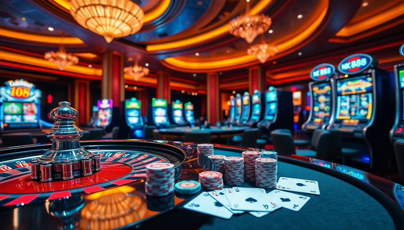 Players engaged in exciting casino games at nk 88 with roulette, poker chips, and slot machines.