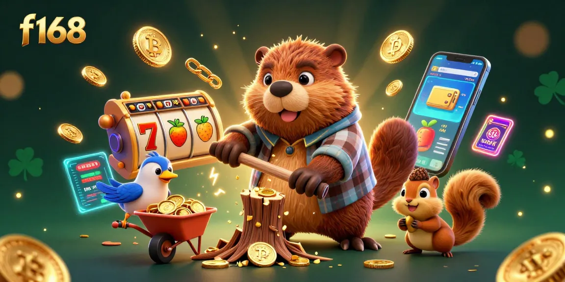 Join the lively adventure at f168, where a beaver collects jackpot rewards surrounded by vibrant gambling elements.