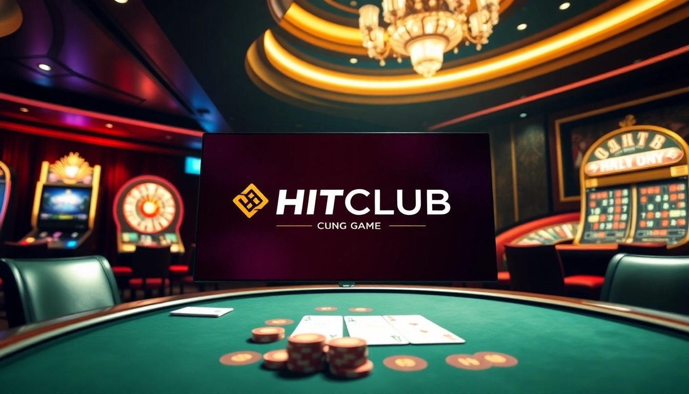 Engaging scene showcasing Cổng game HITCLUB casino with poker, slot machines, and roulette.