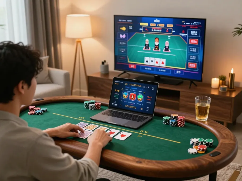 Engaging online poker session at home on https://f168.osaka/ with cozy atmosphere and stylish setup.