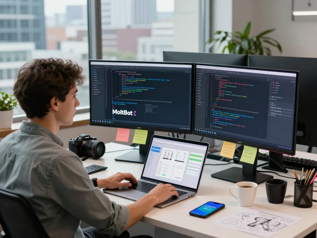 Moltbot interface showcased in a developer's workspace, highlighting productivity tools and coding.