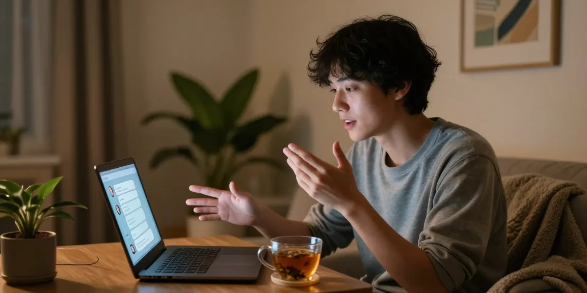 Youthful individual chatting with their AI companion, exploring unique sex chat ai interactions in a cozy home setting.