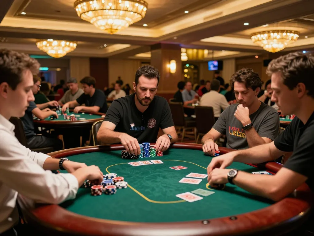Engaged players strategizing at poker tables in an upscale god55 casino environment.