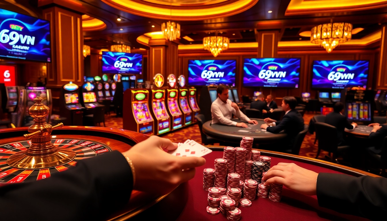 Experience thrilling casino gameplay with 69vn's vibrant atmosphere, roulette, and poker excitement.