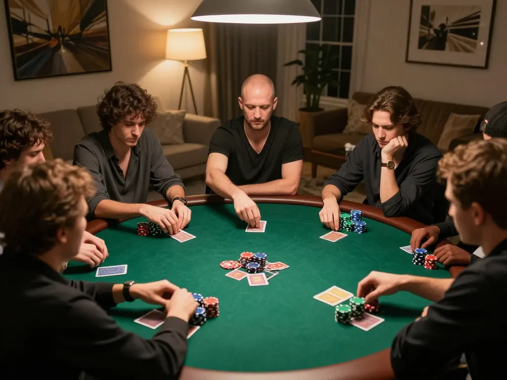 Players engaging in a tense poker game at home while using alo8 for betting strategies