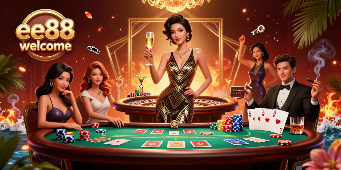Engage with the vibrant ee88 welcome scene, featuring a glamorous Asian woman celebrating at a lavish casino.