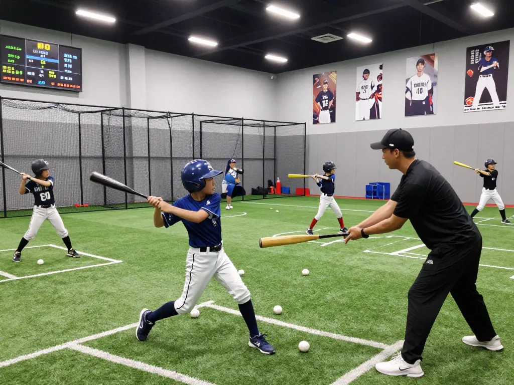 Young athletes training in hitclub baseball facility, practicing with coach and metrics displayed.