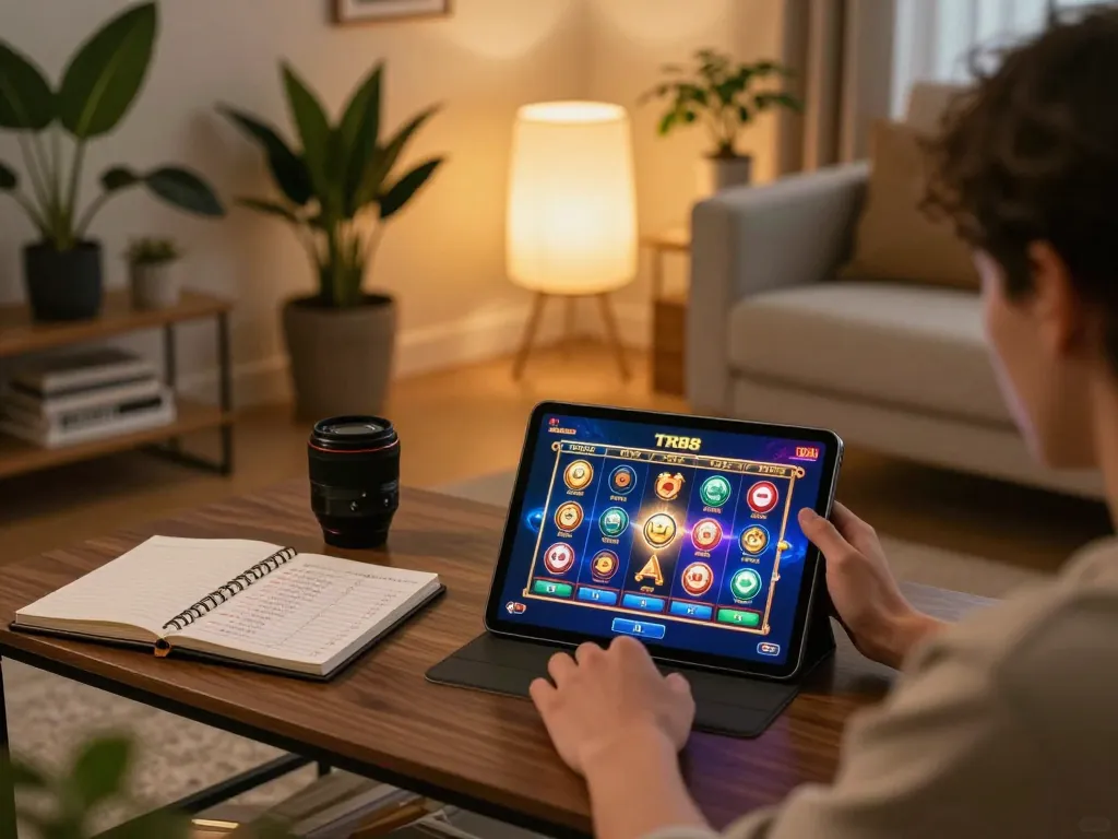 Engaging scene of TR88 gaming on tablet in cozy home setup highlighting responsible gambling