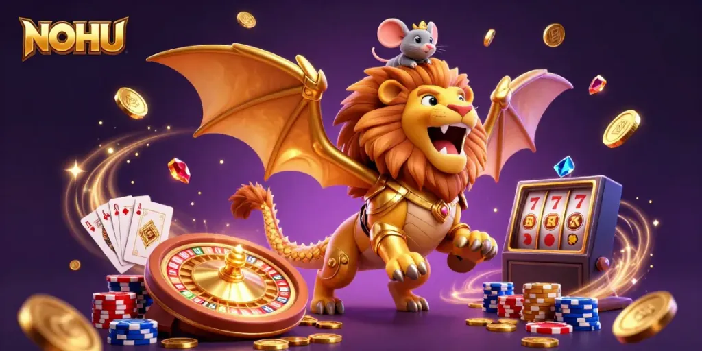 NOHU’s dynamic scene with a roaring chimera, golden coins, and sparkling gems depicting exciting online gaming.