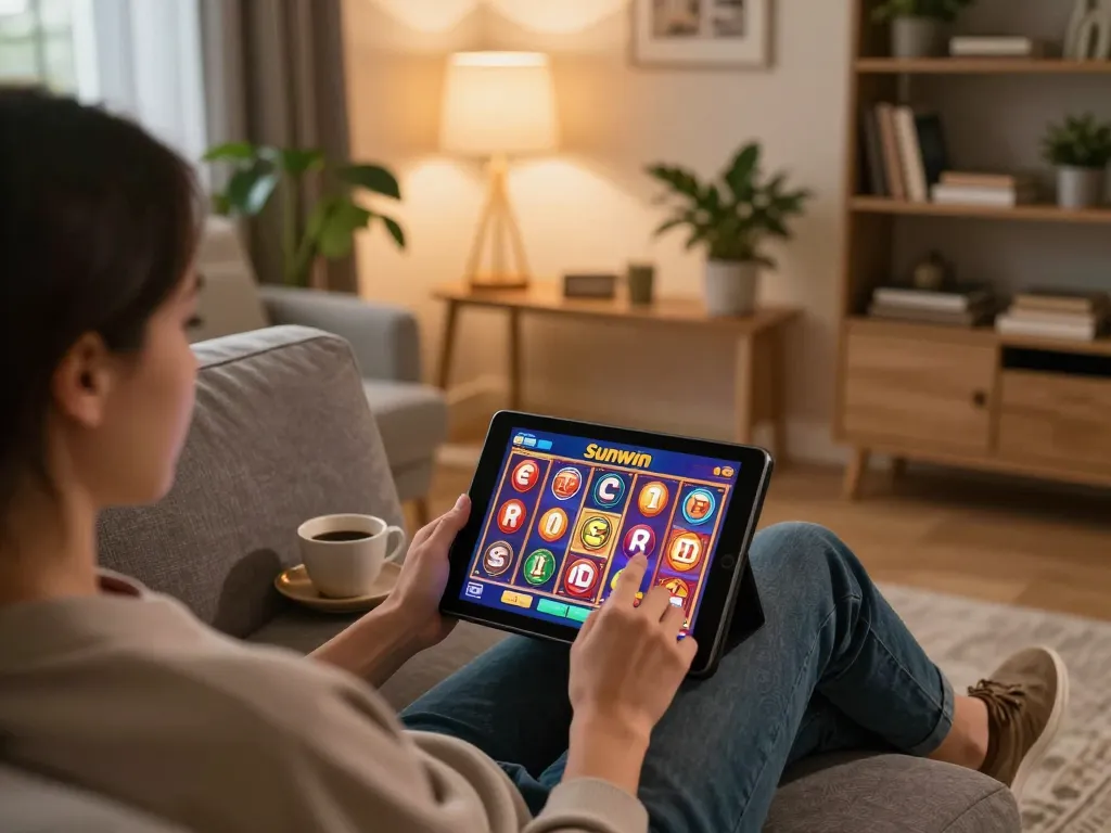 Engaging in slot games at home with Sunwin on a tablet, showcasing a cozy gaming setup.