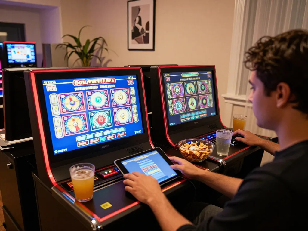 Engaged player enjoying sumclub slot games on tablet in a cozy home setting.