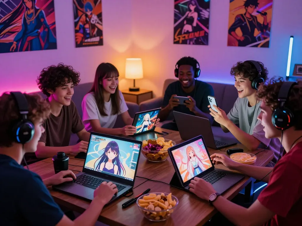 Engaging scene of diverse gamers playing interactive porn games in a lively living room.