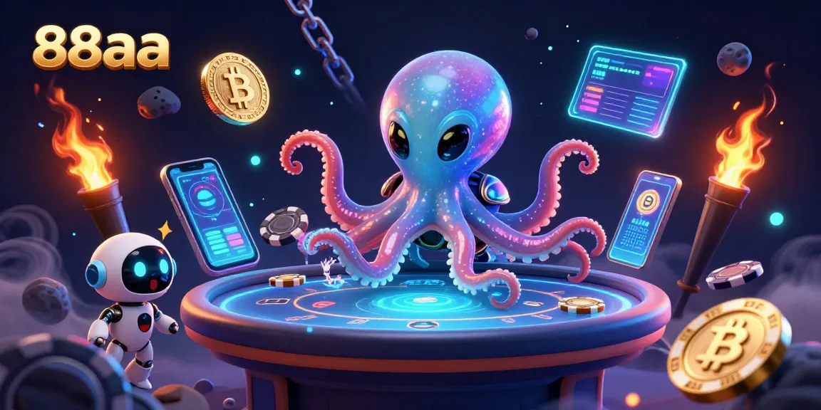 Experience immersive gaming at 88aa with a vibrant alien octopus and floating poker elements.