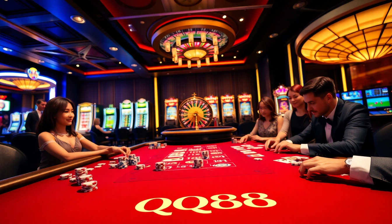 Engaging scene of a QQ88 poker game with vibrant chips, elegant players, and a roulette wheel.