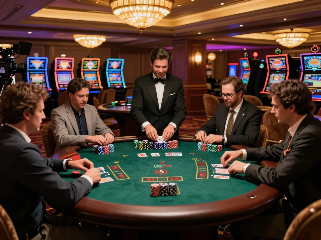 hitclub players engaging at a blackjack table in a luxurious casino, showcasing strategic betting moments
