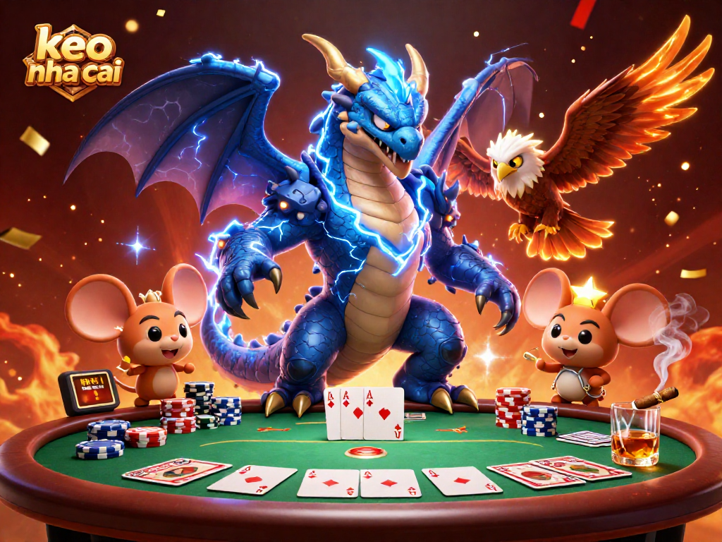 Engage with keo nha cai in this vibrant 3D poker scene featuring dynamic characters and elements.