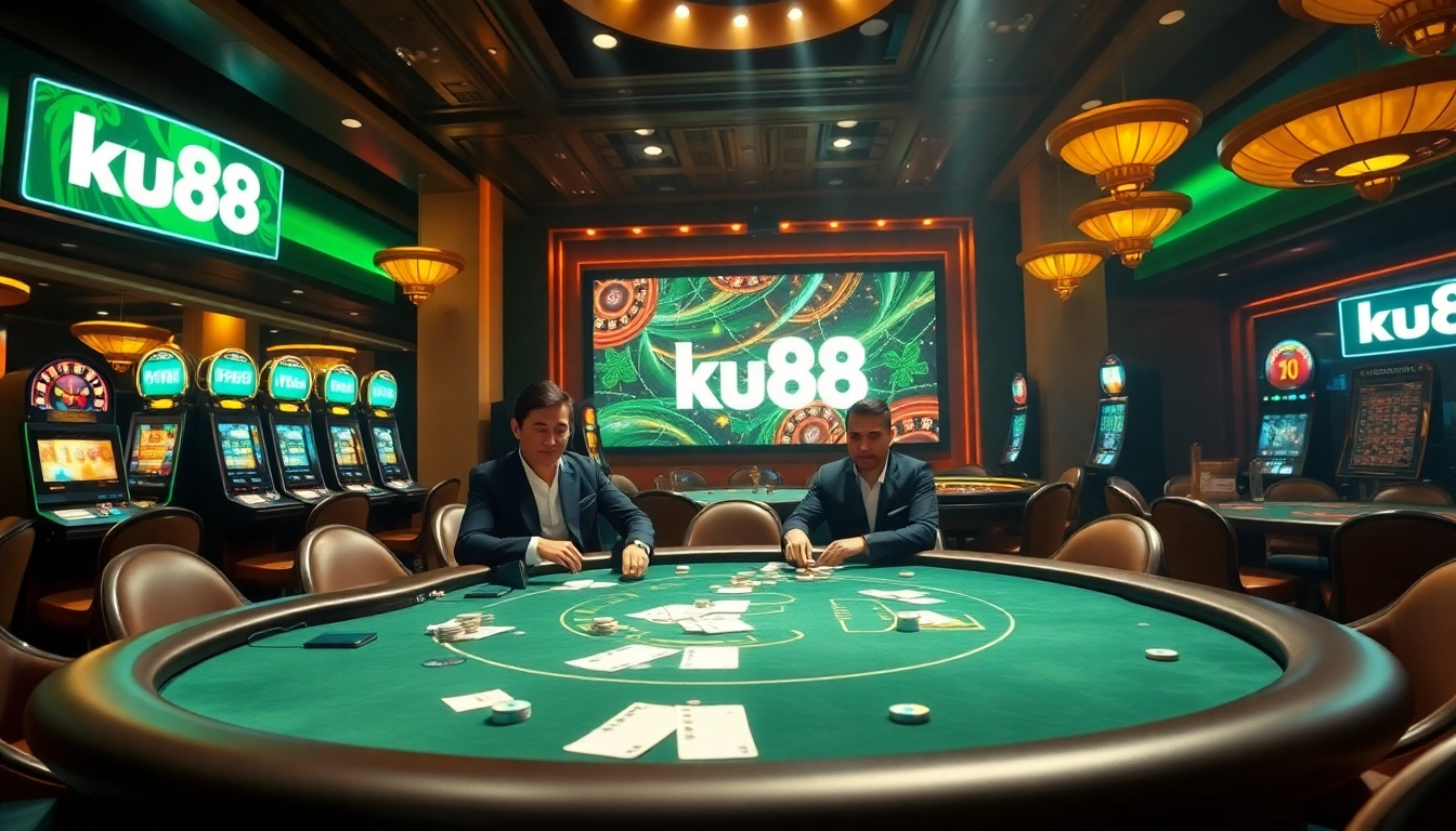 Experience the thrill of ku88 with professional players at a vibrant casino poker table.