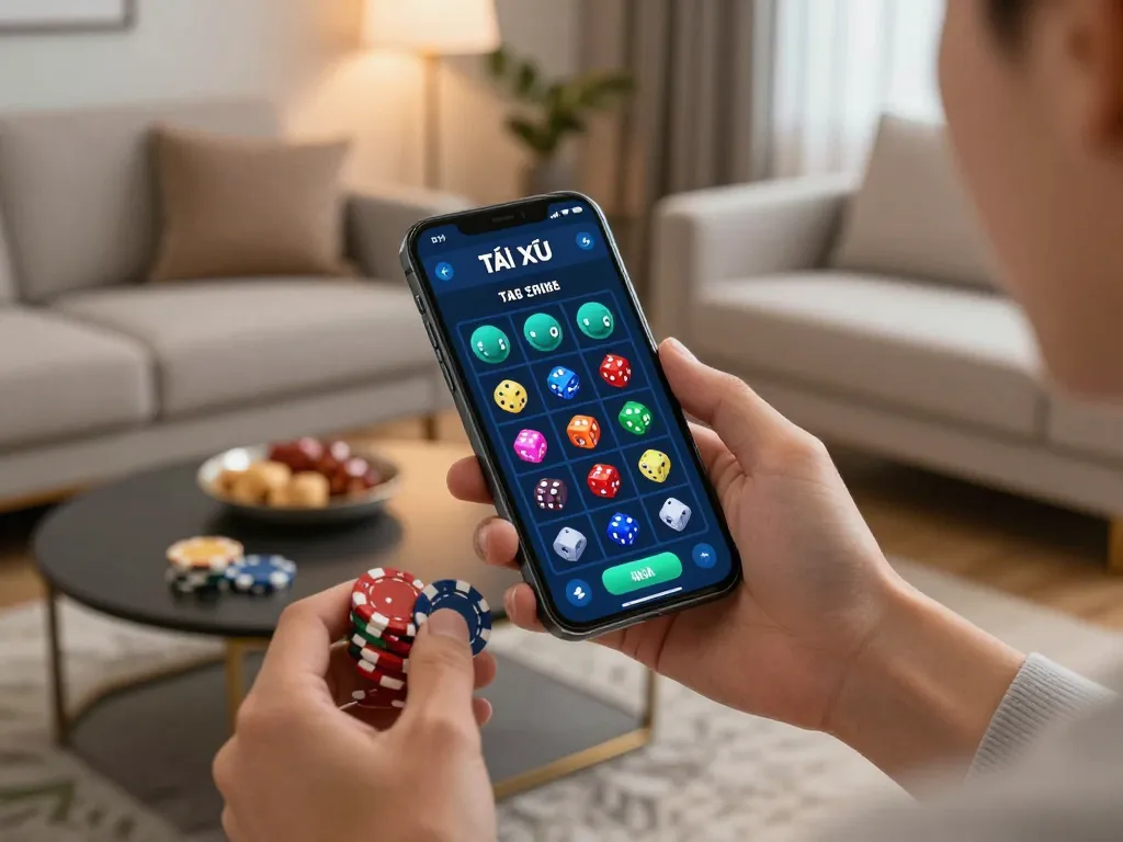Tải game tài xỉu using a smartphone in a cozy home setting while playing for real winnings.