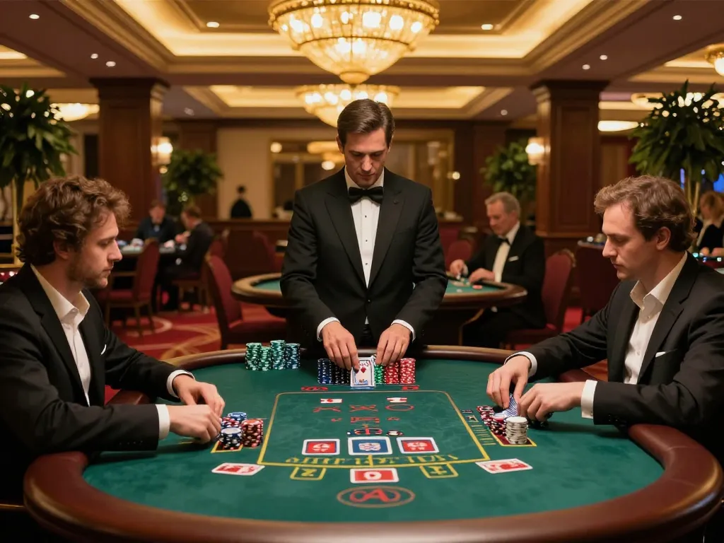 Players strategizing at a blackjack table at https://888vnd.bid/, showcasing luxury and high-stakes gambling excitement