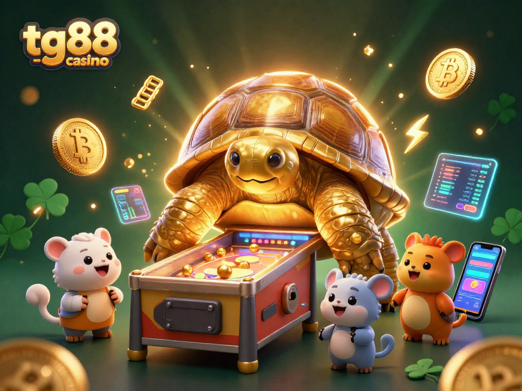 Tg88 -casino offers exhilarating gameplay under a colossal golden tortoise pinball machine, surrounded by crypto currency elements.