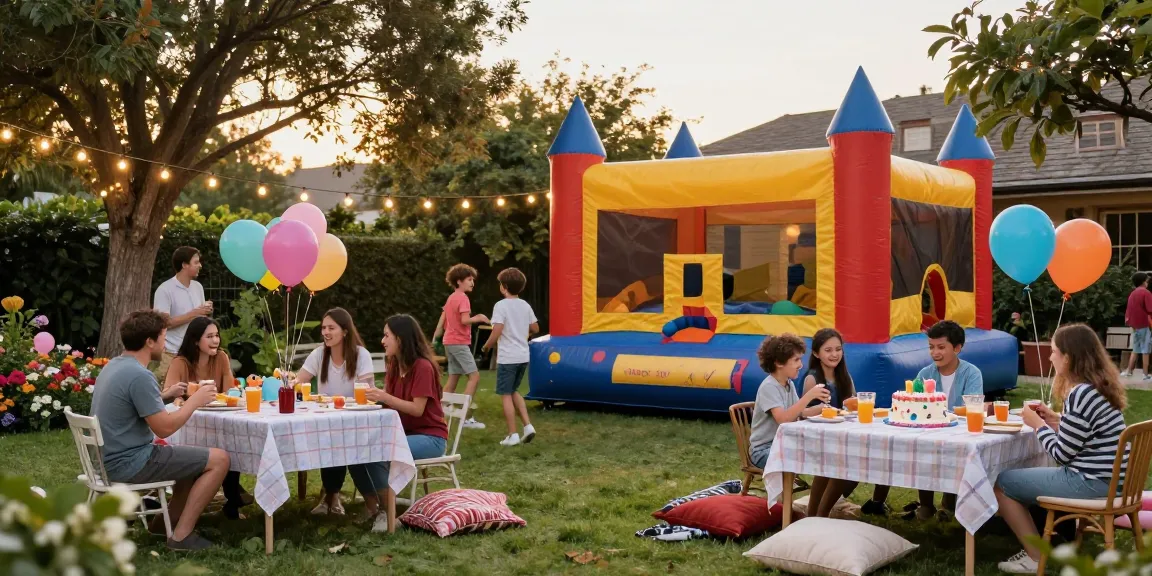 Colorful outdoor party with families enjoying https://123b.party/ bounce house fun in a festive setting.