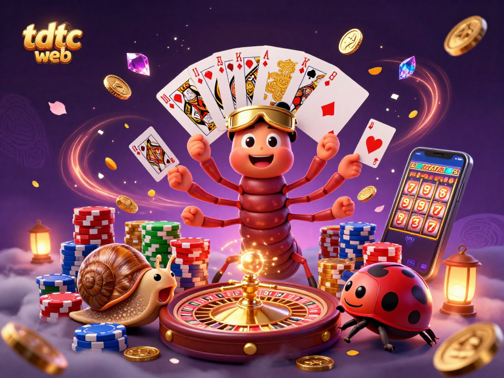 Experience excitement with tdtc web as a millipede dealer showcases cards and coins in a vibrant 3D scene.