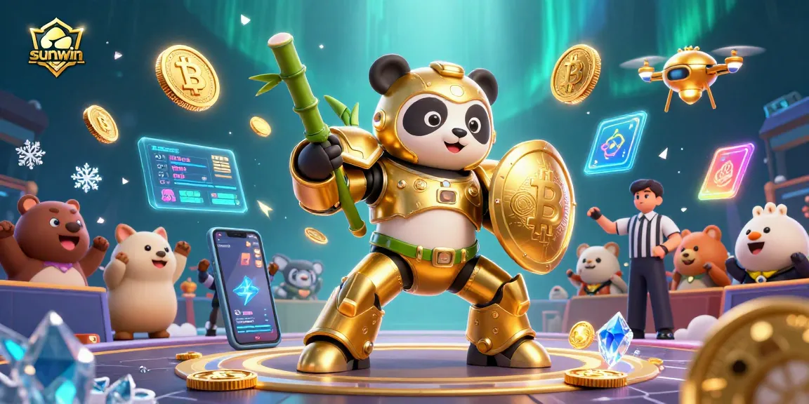 Experience thrilling gameplay with sunwin as the golden panda and robot battle in an exciting casino scene.
