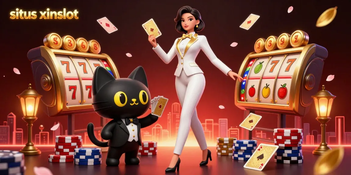 Join the excitement at situs xinslot with a glamorous 3D scene of a woman shuffling cards beside a tuxedo cat, adding a festive casino vibe.