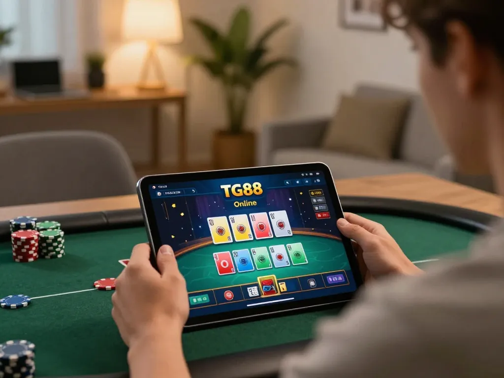 Player enjoying a poker game on TG88's online platform in a cozy home setup.