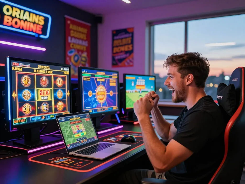 Excited player celebrating a win with NK88 link on screen in a vibrant gaming atmosphere.