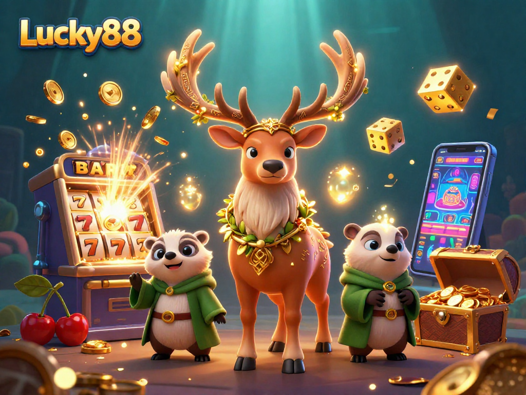 Experience the thrill of Lucky88 with vibrant slot symbols and magical creatures in a 3D casino world.