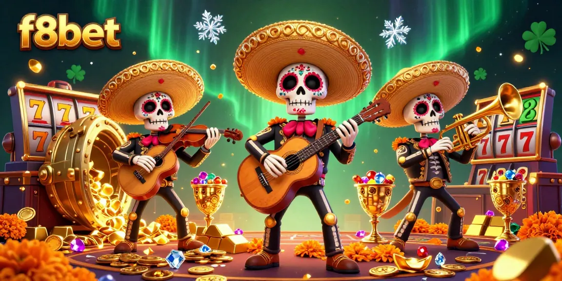 Experience the excitement of f8bet with a vibrant scene showcasing a mariachi band amidst treasures and slot games.