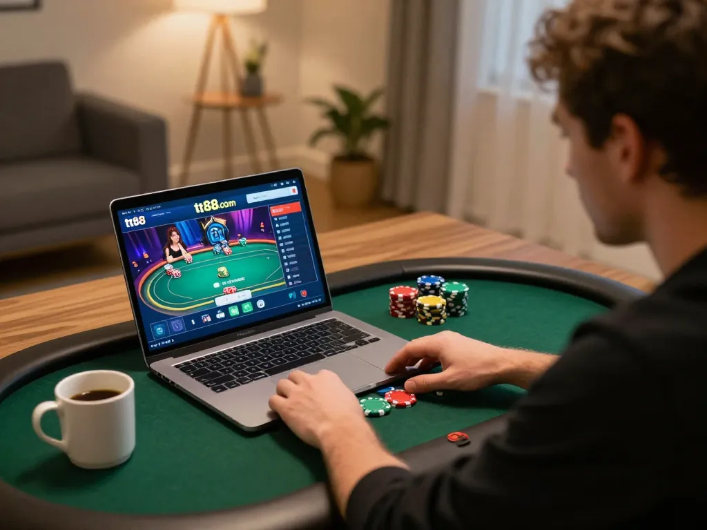 Player engaged in online poker at tt88.com, showcasing strategic gameplay in a cozy home setting