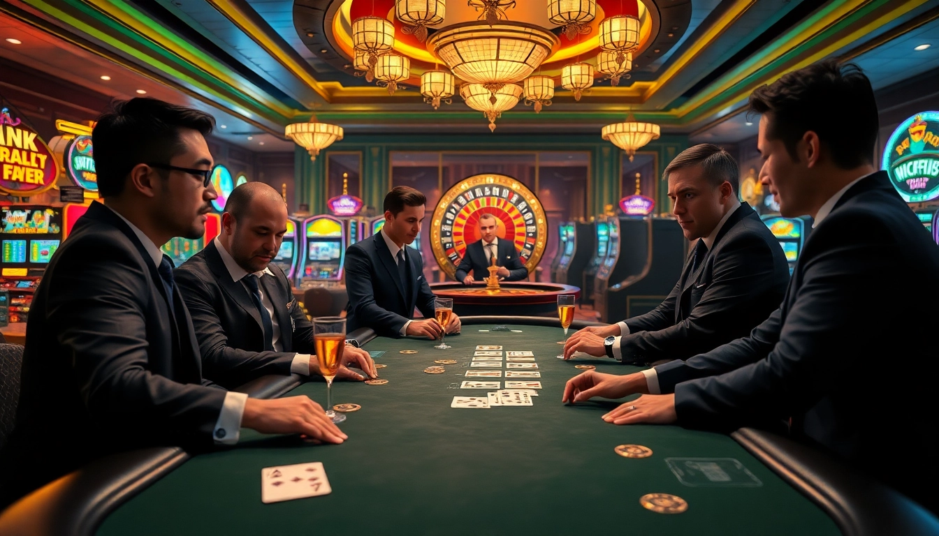 Poker table scene showcasing players at vaoluoitv, featuring high-stakes play with vibrant casino elements.