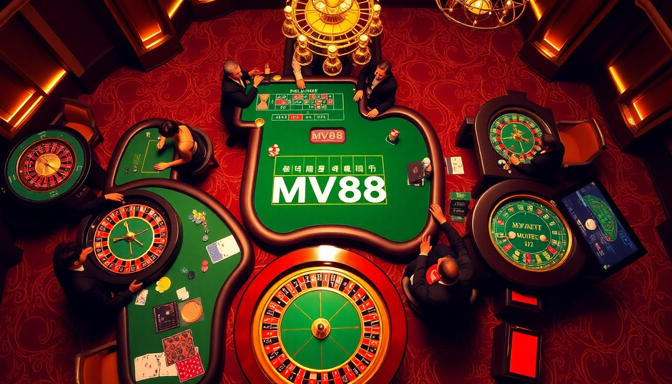 Engaging gamblers at a luxurious MV88 online casino table highlighting exciting betting action.